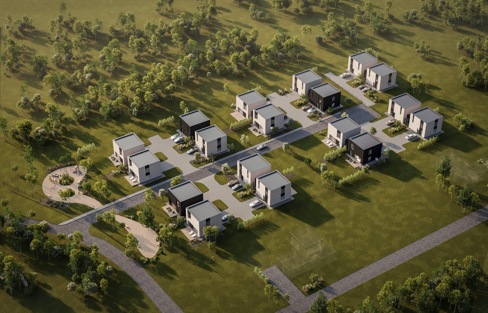 LIV18 kvartalo vaizdas iš viršaus — 18 namų tarp žalumos